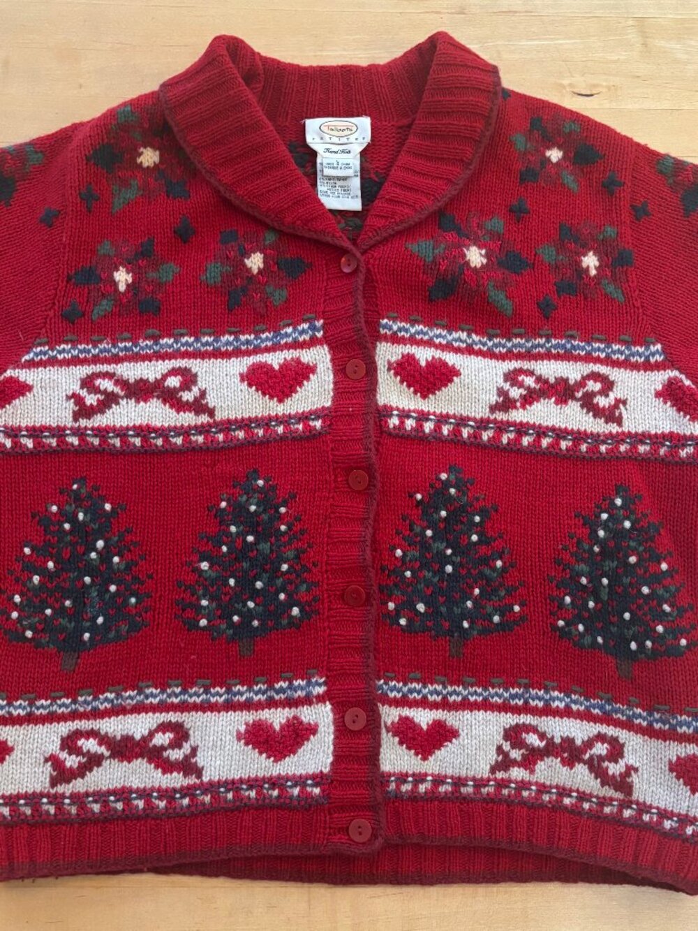 Vintage TALBOTS Hand Knit Christmas Tree  Heart Holiday Cardigan Sweater Wool M - Picture 6 of 12
